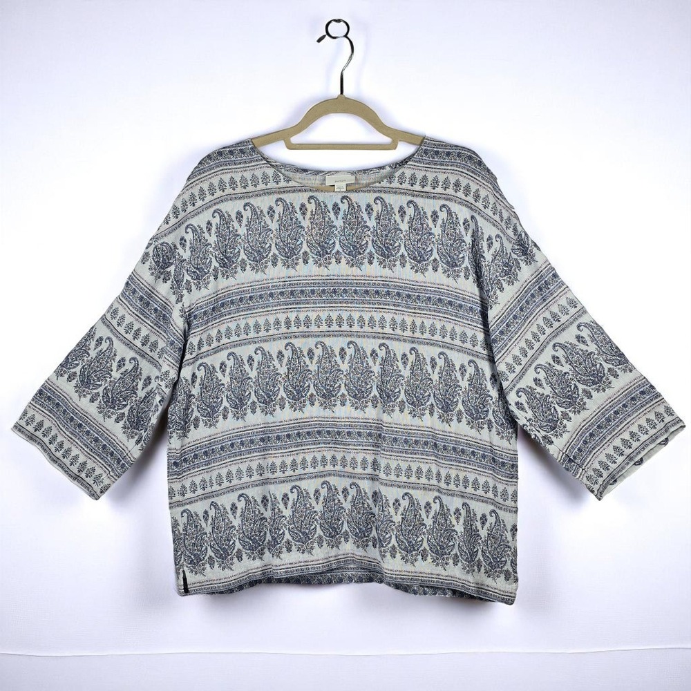 Pure Jill‎ Paisley Print Top Hemp Blend 3/4 Sleeve Relaxed Fit Women's M